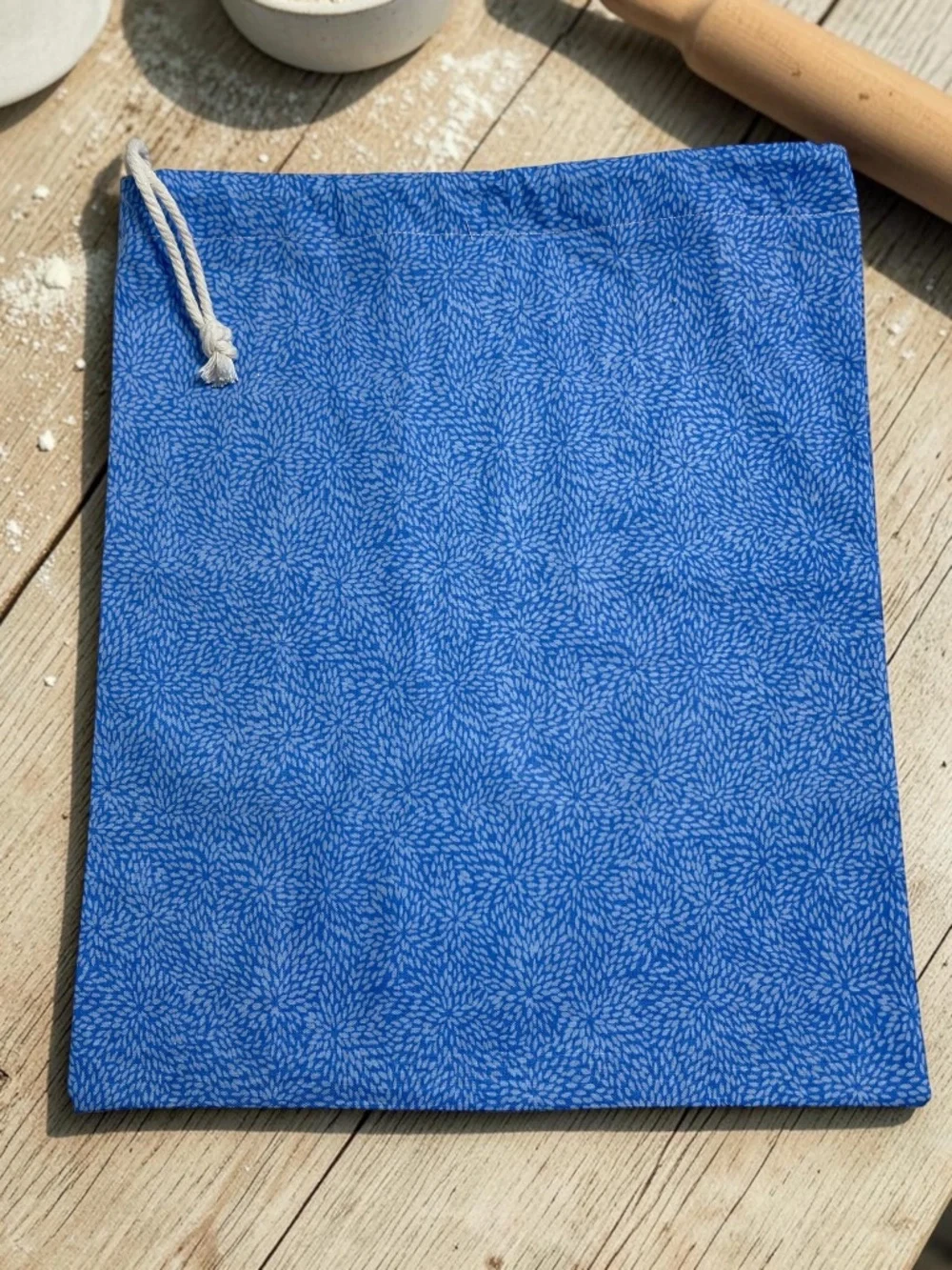 Blue Floral Organic Cotton Bread Bag, Reusable Bread Storage Bag, Sourdough Bag